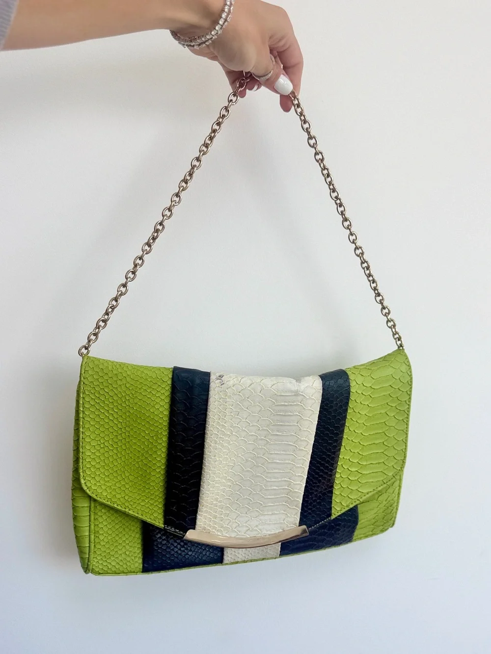VINTAGE STRIPED SNAKE SKIN PYTHON Green color block contrast Shoulder Bag